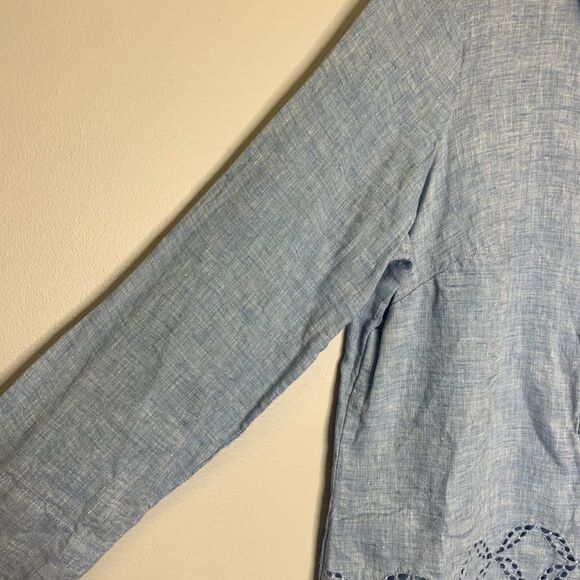 Womens Lands End Blue Linen Tunic Eyelet Capiz Shell Buttons Summer Beach Resort - Picture 5 of 12
